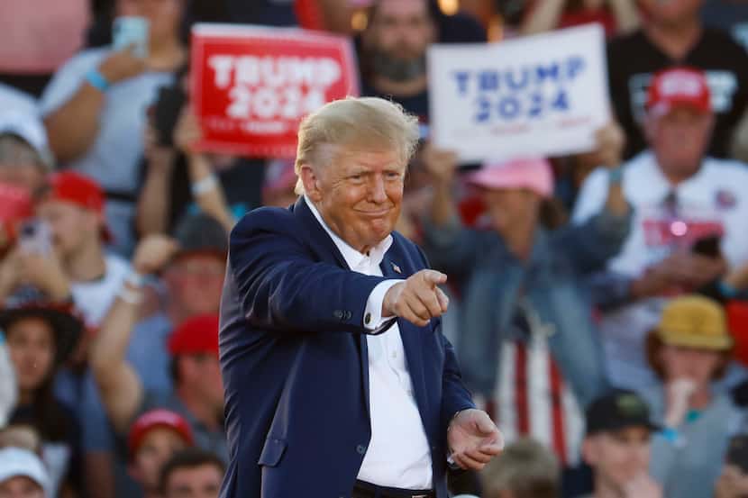 Former President Donald Trump points into the crowd during his first 2024 campaign rally on...
