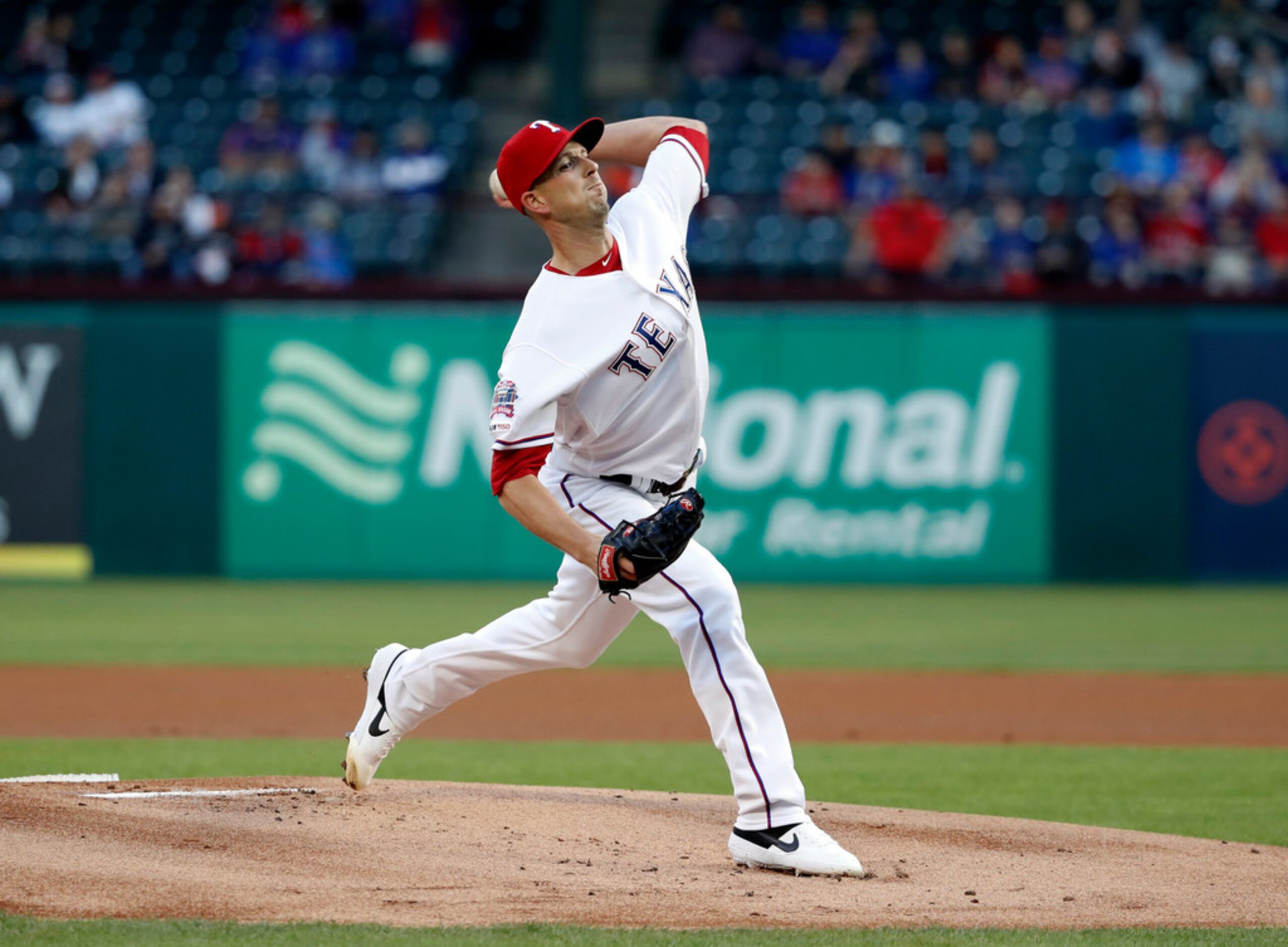 Texas Rangers starting pitcher Drew Smyly (33) throws to the Houston Astros in the first...