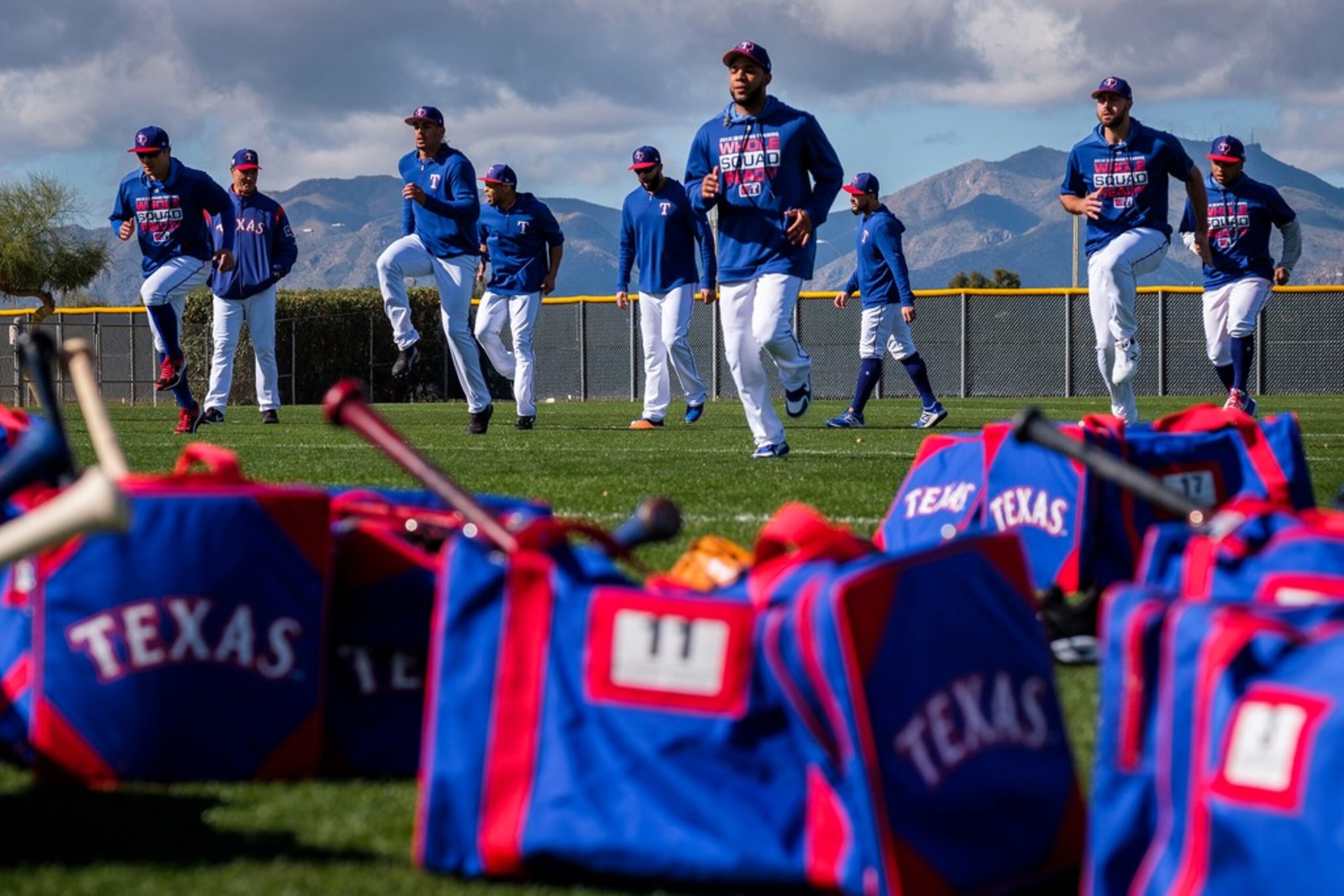 Texas Rangers players (from left) Shin-Soo Choo, Ronald Guzman, Ben Revere, Nomar Mazara,...