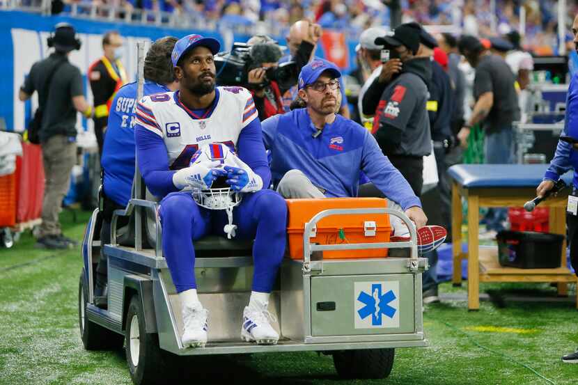Buffalo Bills linebacker Von Miller (40) is carted off the field during the first half of an...