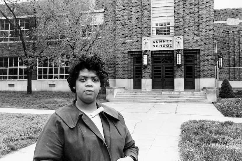 Linda Brown Smith, in front of the Sumner School in Topeka, Kansas in May 1964. The refusal...