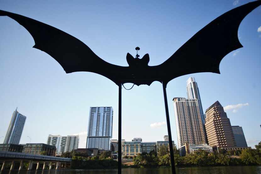 An outline of a bat from a Capital Cruise ship sits against the Austin skyline before...