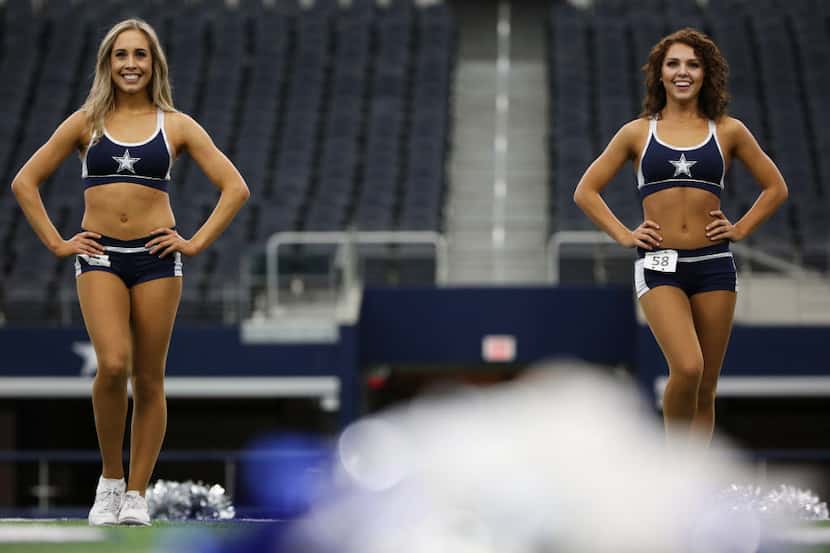 Dallas Cowboys Cheerleaders candidates finished their dance routine during auditions at AT&T...