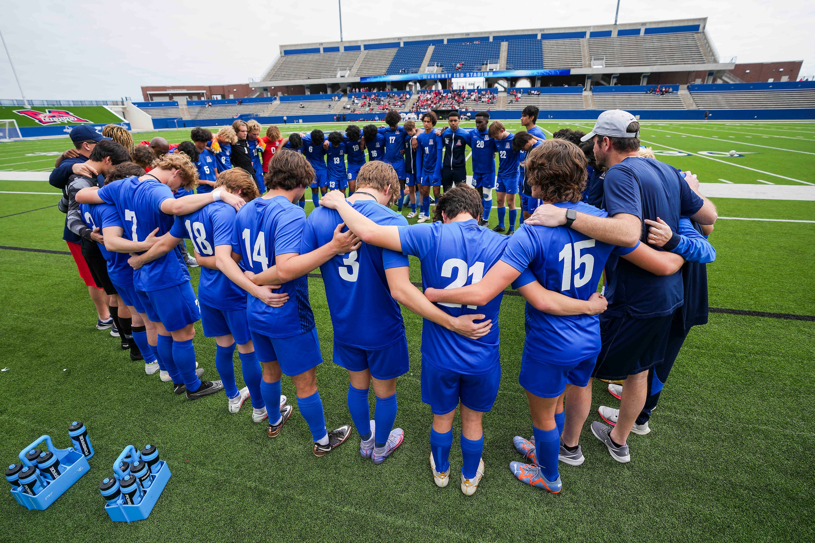 Allen players huddle before taking the field to face Lake Highlands in the Class 6A Region I...