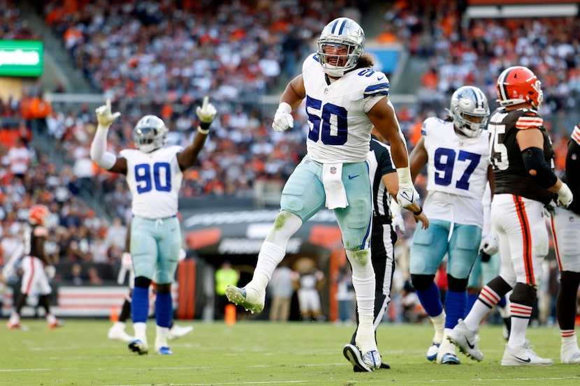 Dallas Cowboys linebacker Eric Kendricks (50) reacts after recording a sack during the...