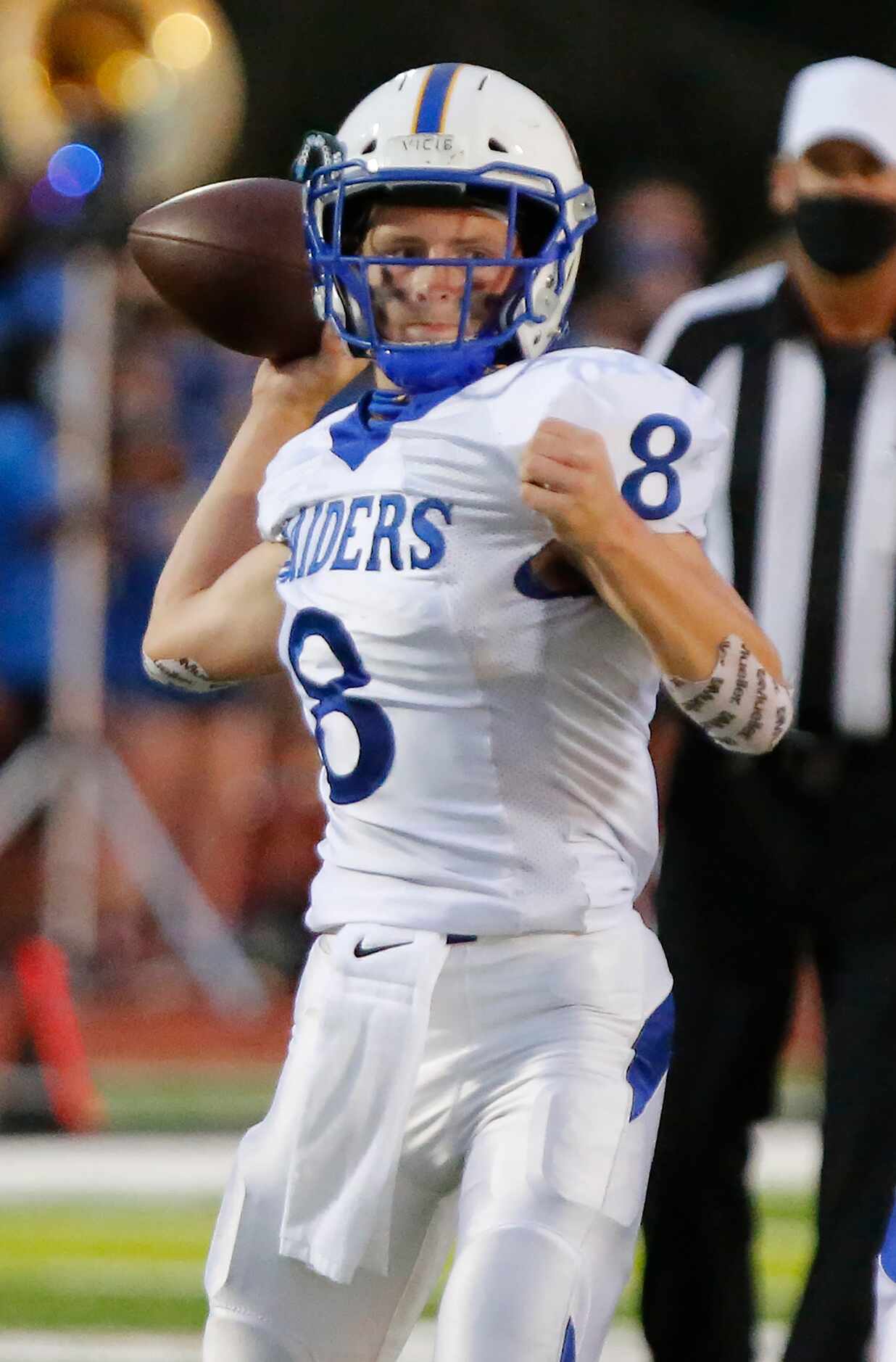 Sunnyvale High School quarterback Max McAda (8) throws a touchdown pass during the first...