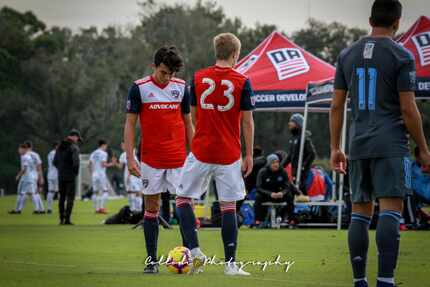 Johan Gomez awaits kickoff with Thomas Roberts of FC Dallas in the 2019 Winter Showcase.