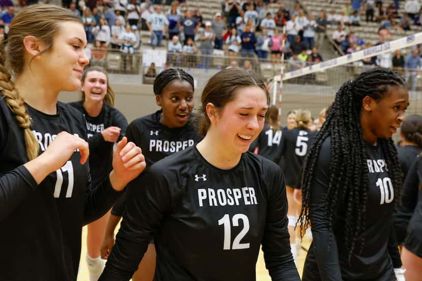 Prosper High’s Allie Duitsman (12) reacts while celebrating their win against Flower Mound...