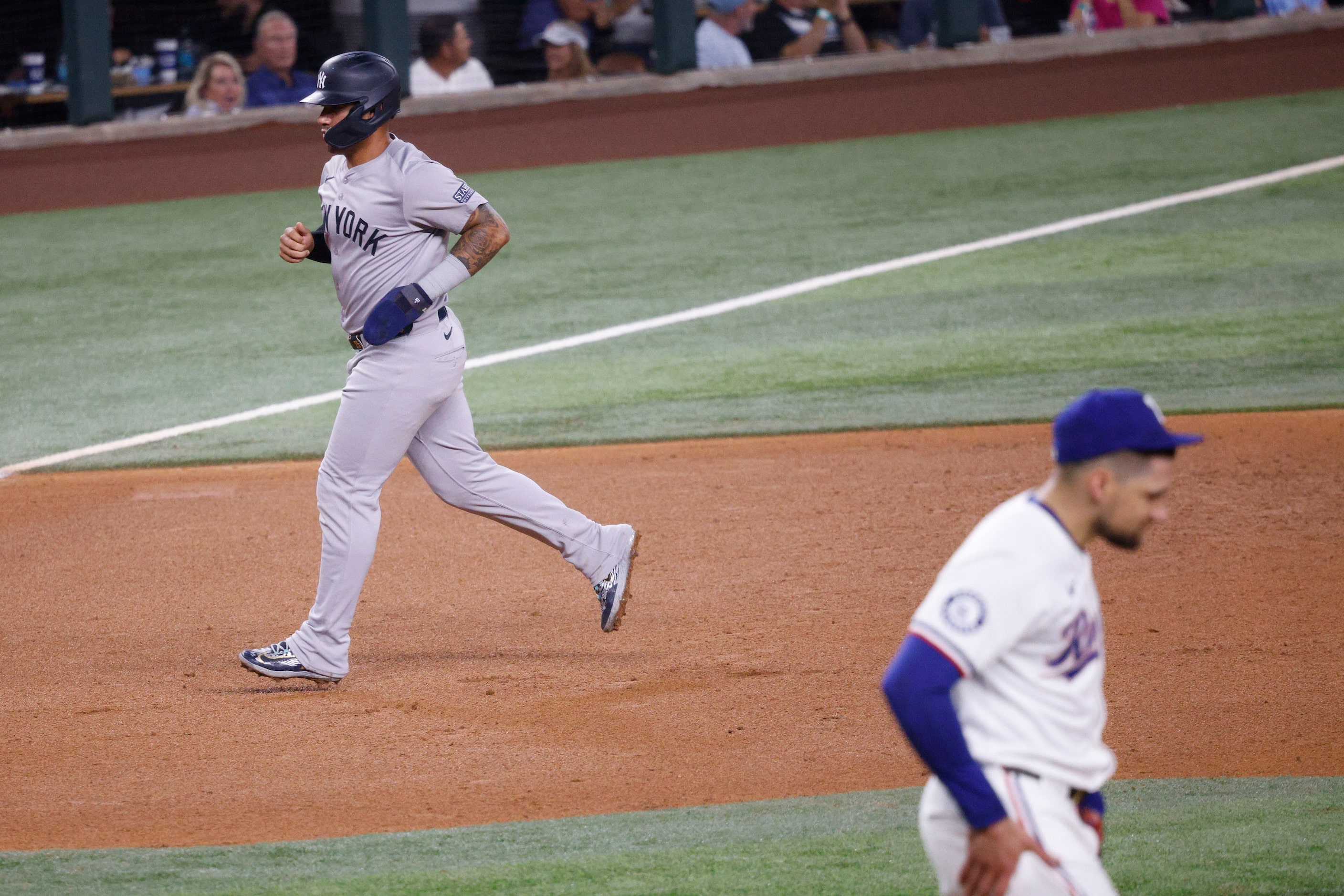 New York Yankees’ Gleyber Torres (25) runs bases after his teammate New York Yankees...