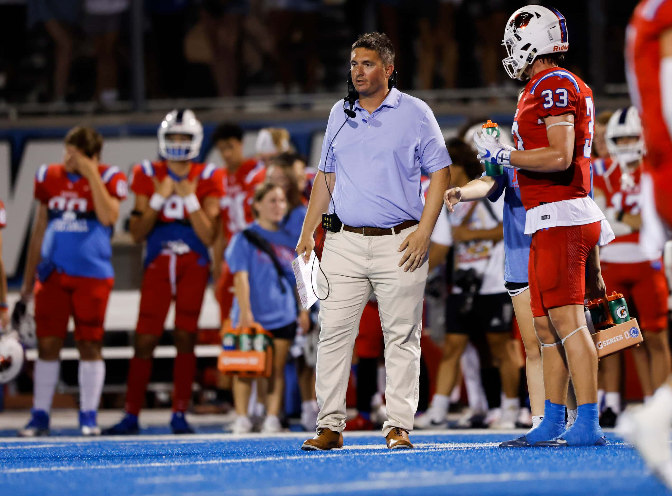 Parish Episcopal’s coach Daniel Novakov during the second quarter of a nondistrict football...