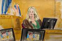 Stormy Daniels testifies on the witness stand as a promotional image for one of her shows...