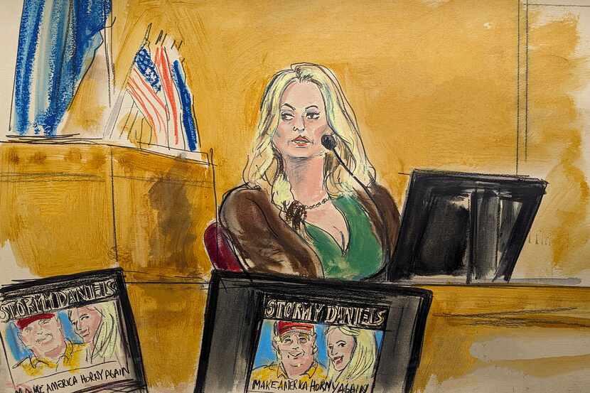 Stormy Daniels testifies on the witness stand as a promotional image for one of her shows...