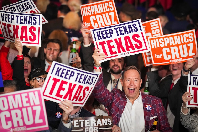 Supporters hold signs in support of Sen. Ted Cruz, R-Texas, during an election night watch...