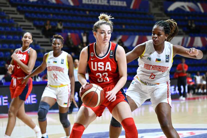 Katie Lou Samuelson (L) of USA in action againast Deolinda Gimo (R) of Mozambique during the...