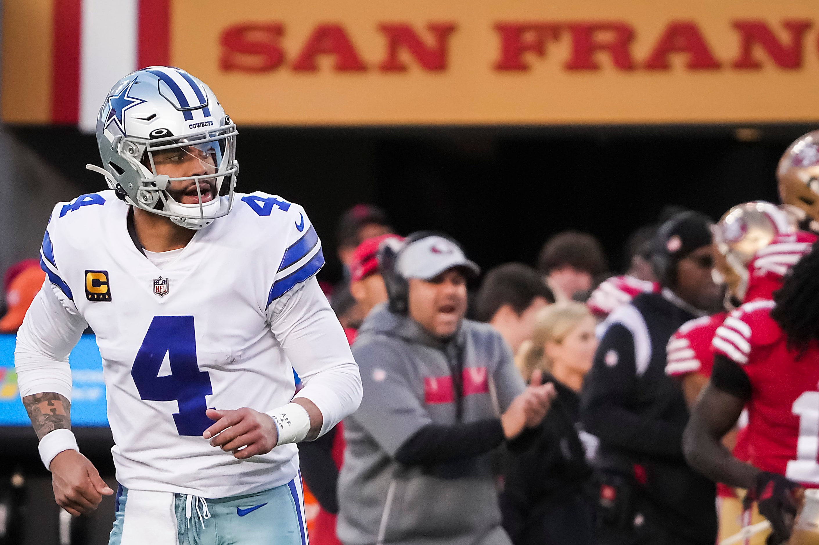 Dallas Cowboys quarterback Dak Prescott (4) leaves the field after having a pass intercepted...