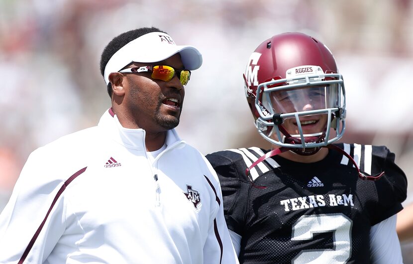 COLLEGE STATION, TX - APRIL 13:  Head coach Kevin Sumlin of the Texas A&M Aggies chats with...