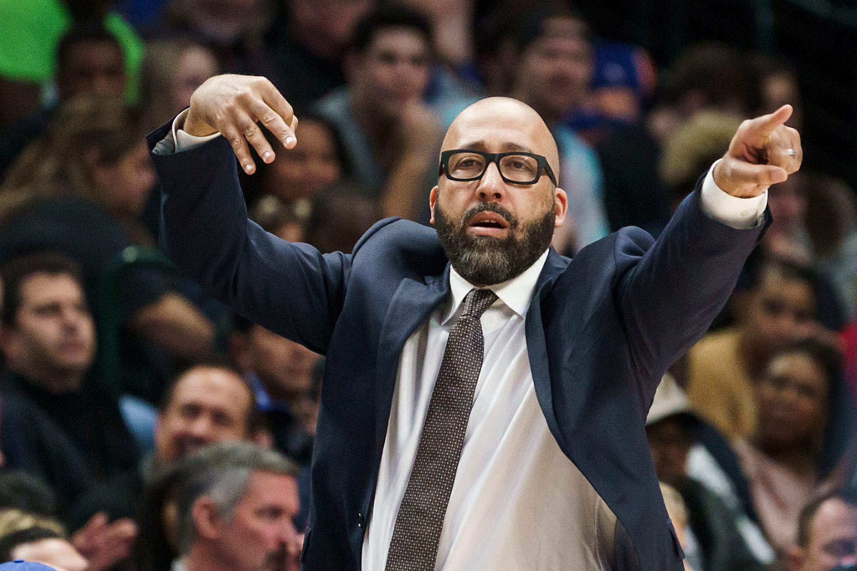 New York Knicks head coach David Fizdale calls in a play during the second half of an NBA...