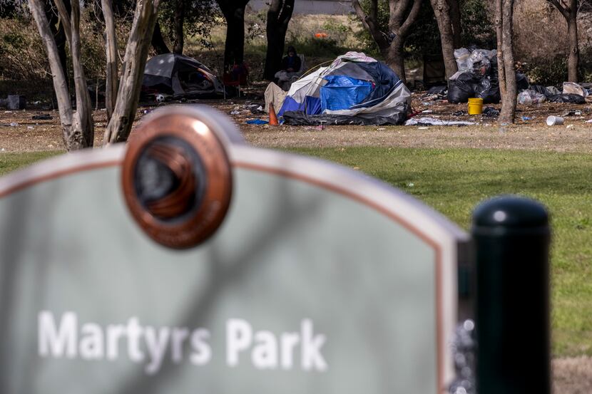Homelessness encampments at Martyrs Park in downtown Dallas on Feb. 2, 2021. Dr. George...