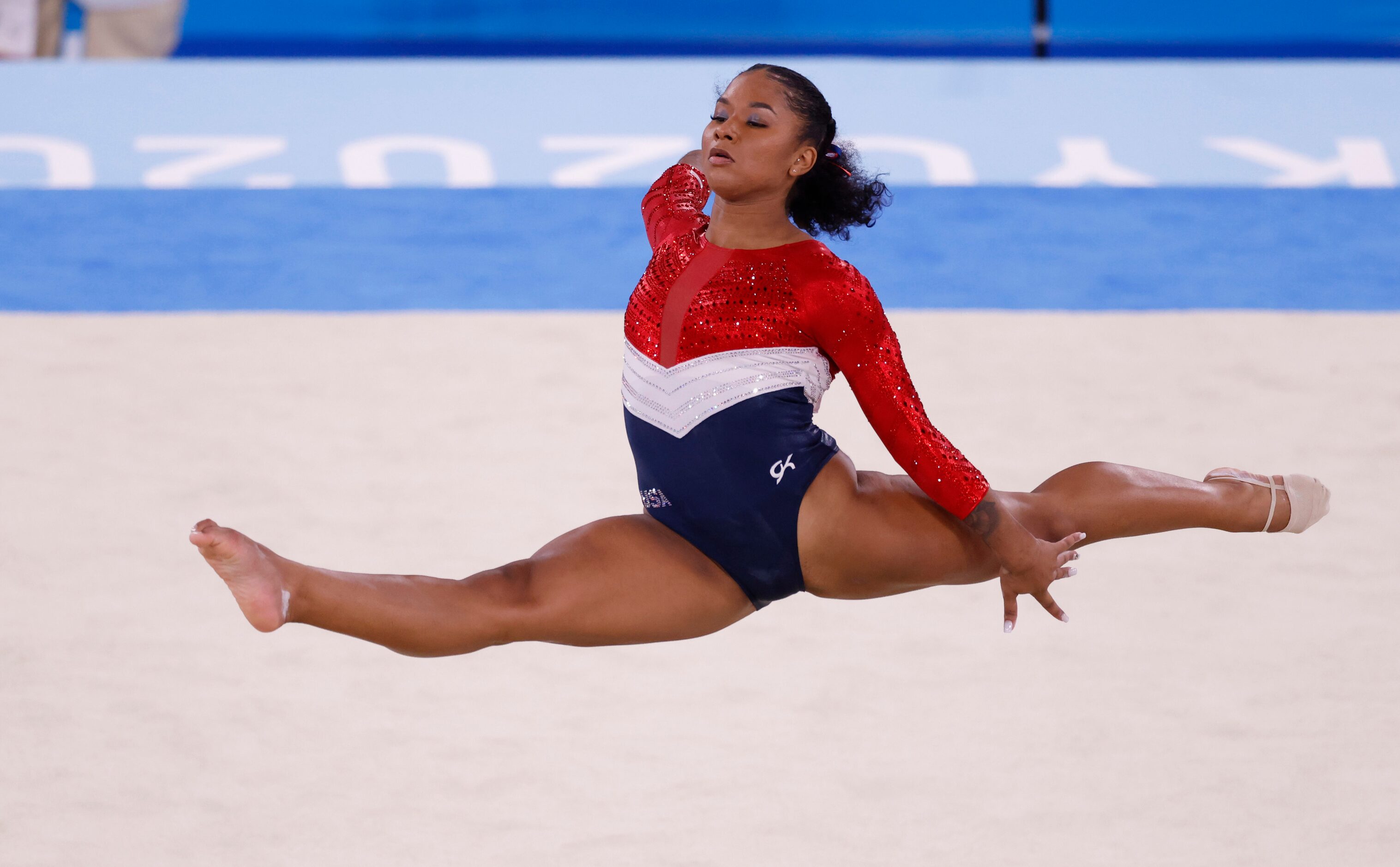 USA’s Jordan Chiles competes on the floor during the artistic gymnastics women’s team final...