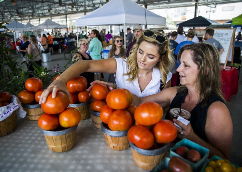 Katie Parker (left) and Dena Tartaglino (right) choose fresh tomatoes from the Lemley's...