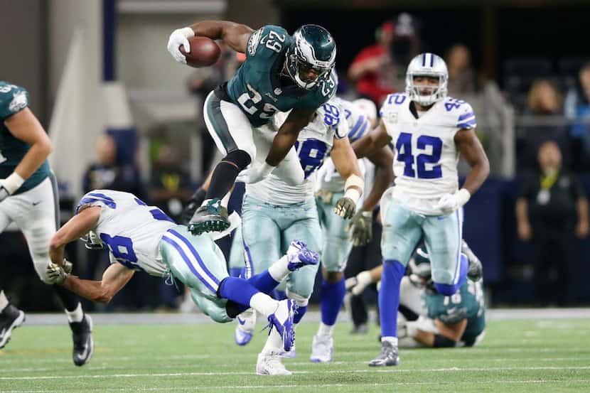 Philadelphia Eagles running back DeMarco Murray (29) leaps over Dallas Cowboys strong safety...