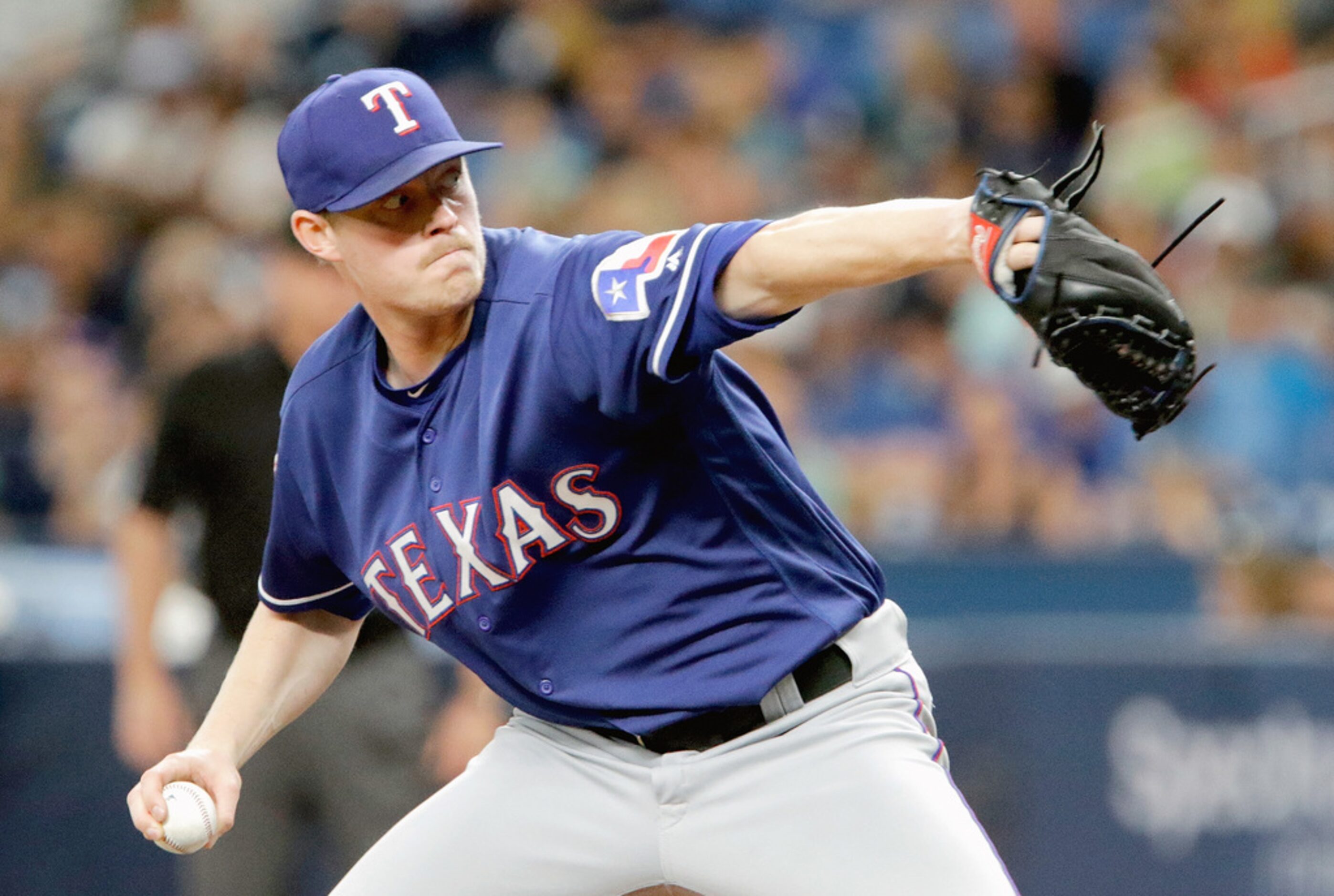 ST. PETERSBURG, FL - JUNE 29: Peter Fairbanks #46 of the Texas Rangers delivers a pitch...