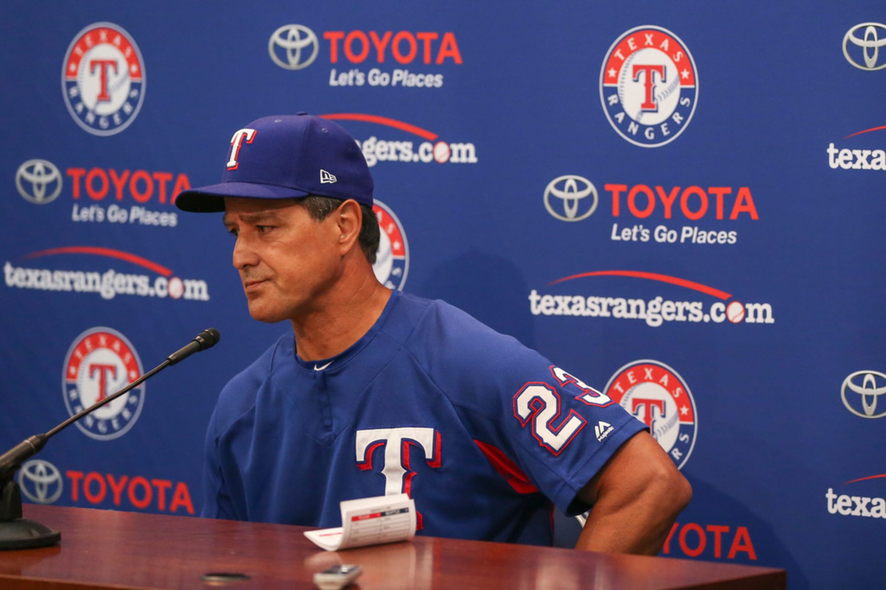 Don Wakamatsu, who has been named interim manager of the Texas Rangers, addresses members of...