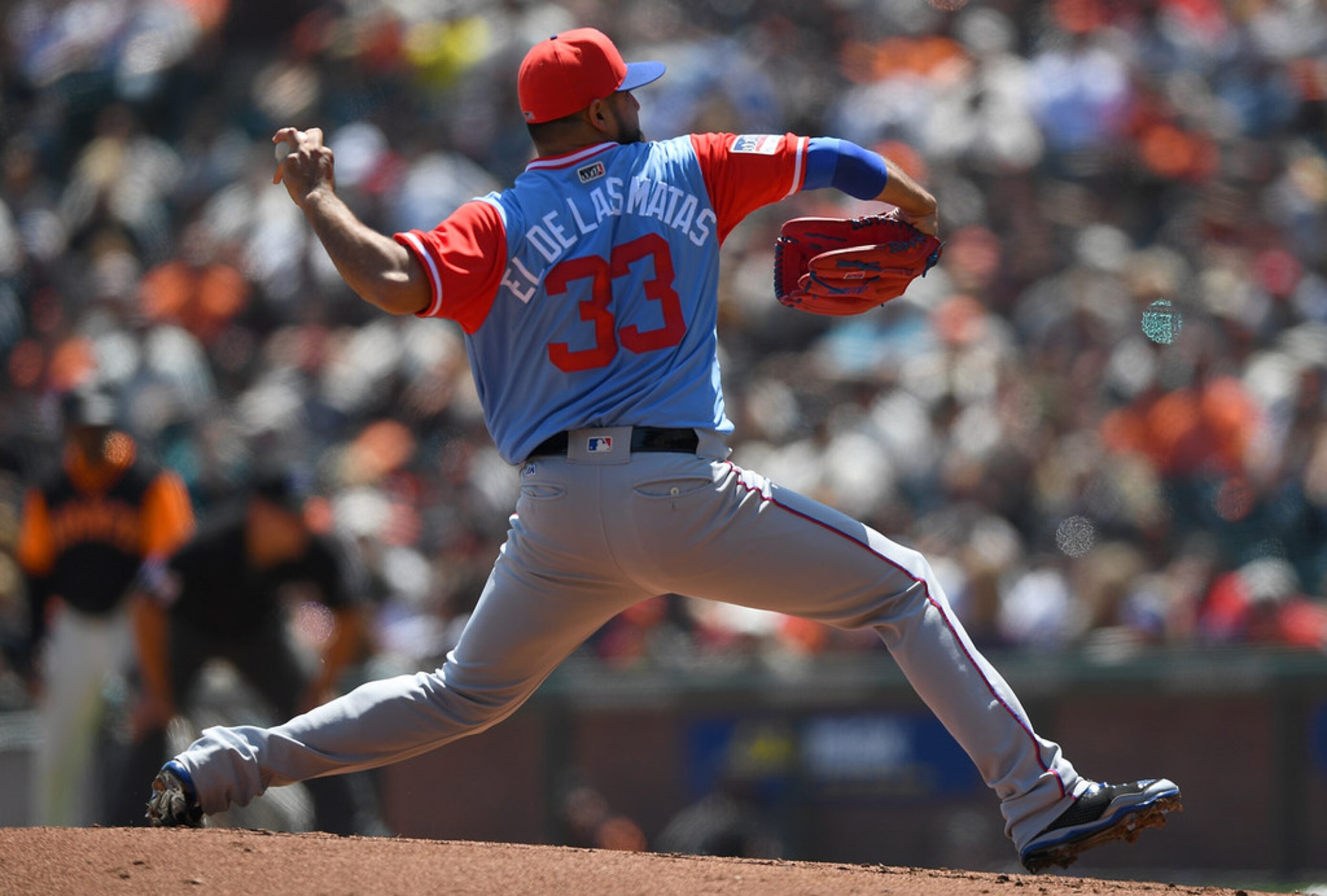 SAN FRANCISCO, CA - AUGUST 25:  Martin Perez #33 of the Texas Rangers pitches against the...