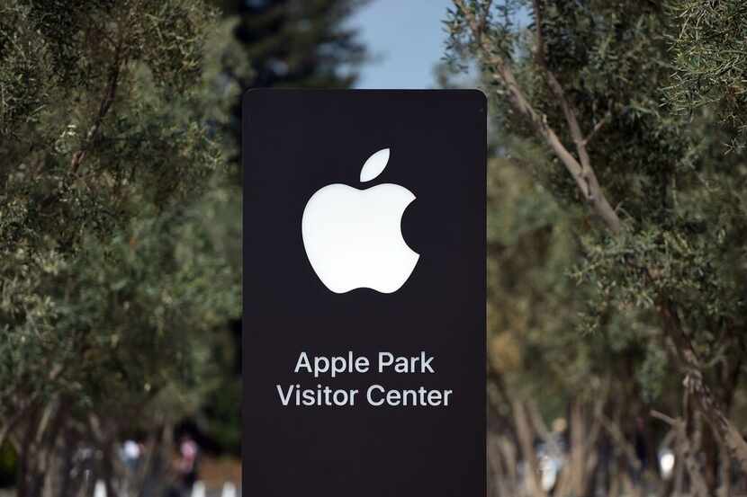 In this 2017 file photo, a sign shows the Apple Park Visitor Center at its headquarters in...