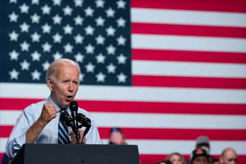 President Joe Biden speaks during a rally for the Democratic National Committee at Richard...