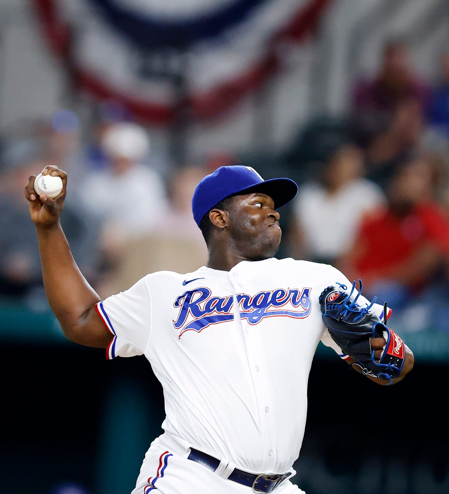 Texas Rangers relief pitcher Jharel Cotton (45) throws against the Oakland Athletics during...