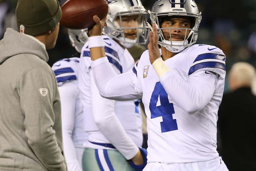 Dallas Cowboys quarterback Dak Prescott (4) throws the ball during practice before the...