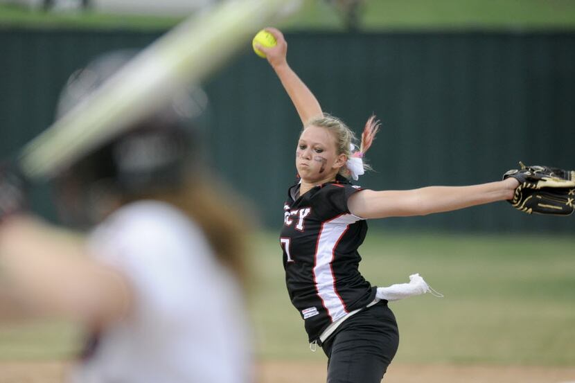 Legacy's Kendall Potts pitches during a Class 4A Region II final softball game against...