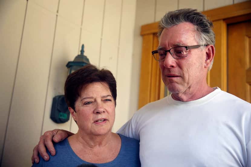 FILE - In this Thursday, July 2, 2015 photo, Liz Sullivan, left, and Jim Steinle, right,...