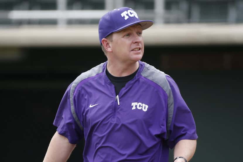 TCU manager Jim Schlossnagle conducts drills during a baseball practice at Lupton Stadium on...