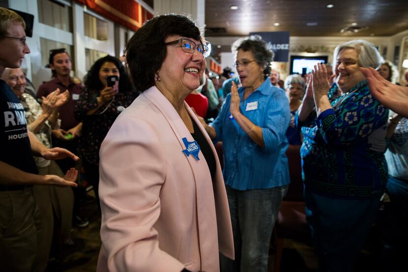Gubernatorial candidate and former Dallas County Sheriff Lupe Valdez makes her way to a...