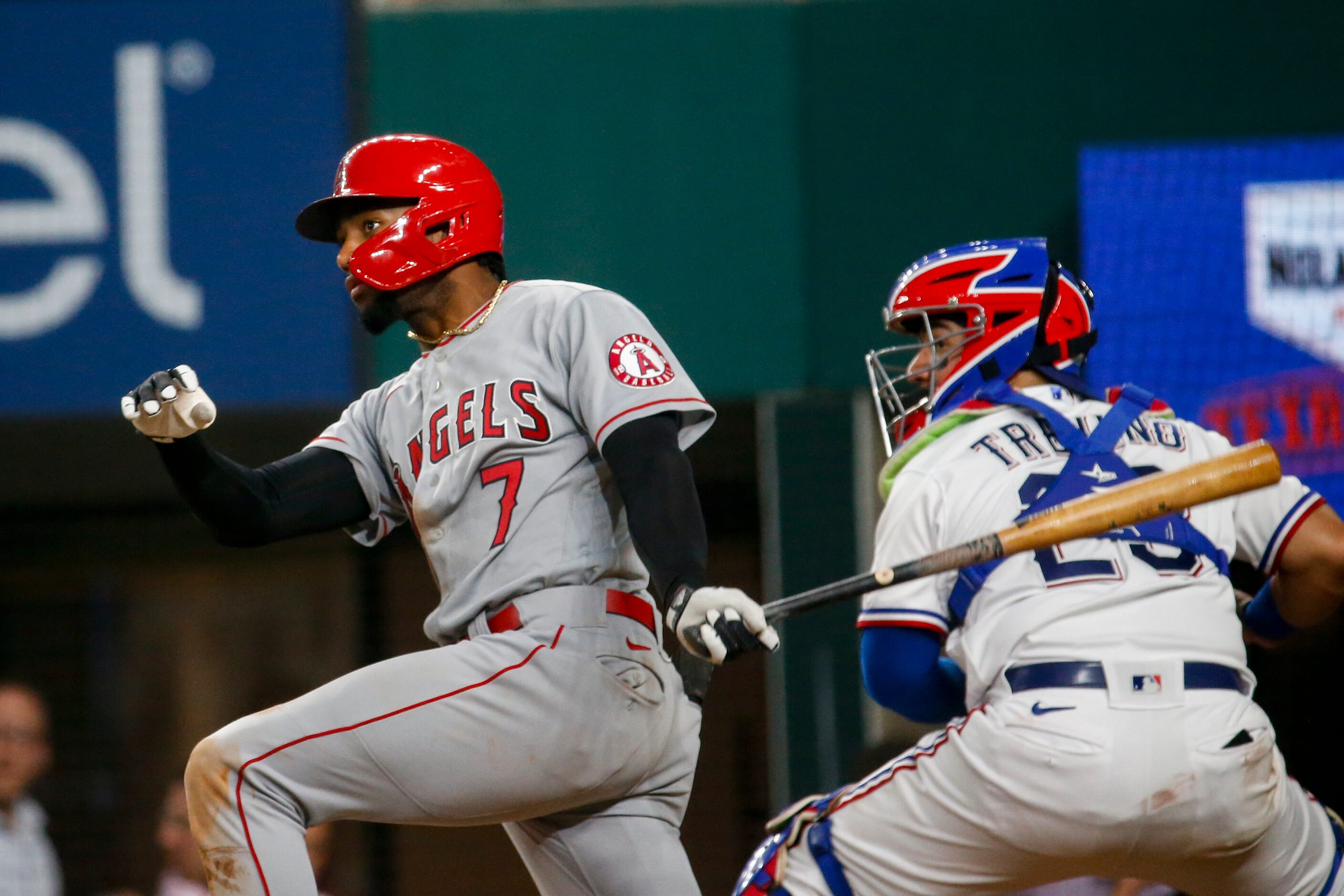 Los Angeles Angels Jo Adell’s (7) doubles to deep left during the top of the third against...