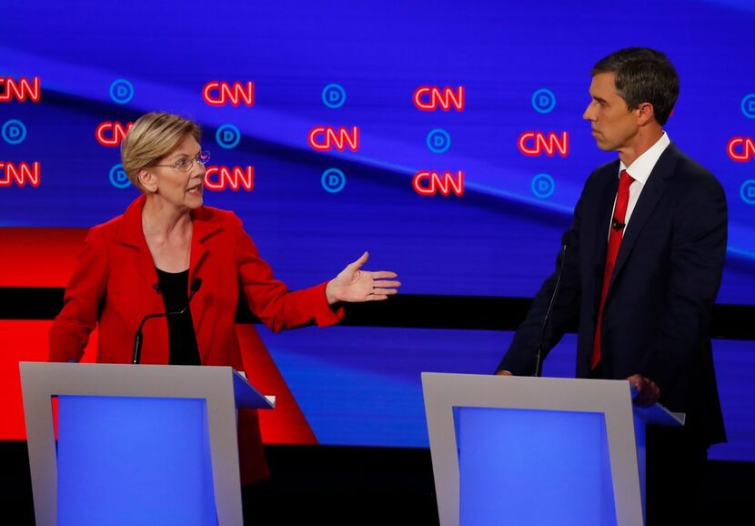 Sen. Elizabeth Warren of Massachusetts directed a remark toward Beto O'Rourke during the...