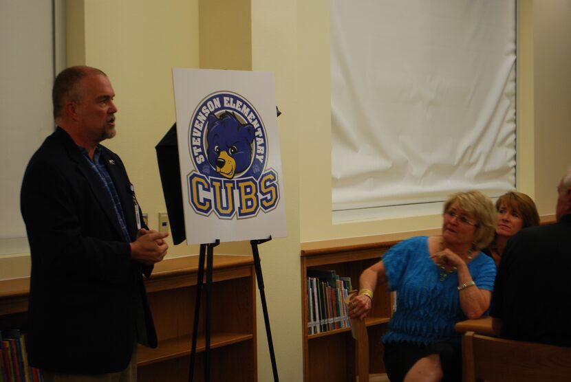 Billie Stevenson Elementary Principal Mike Pitcher debuts the school's new mascot, which is...