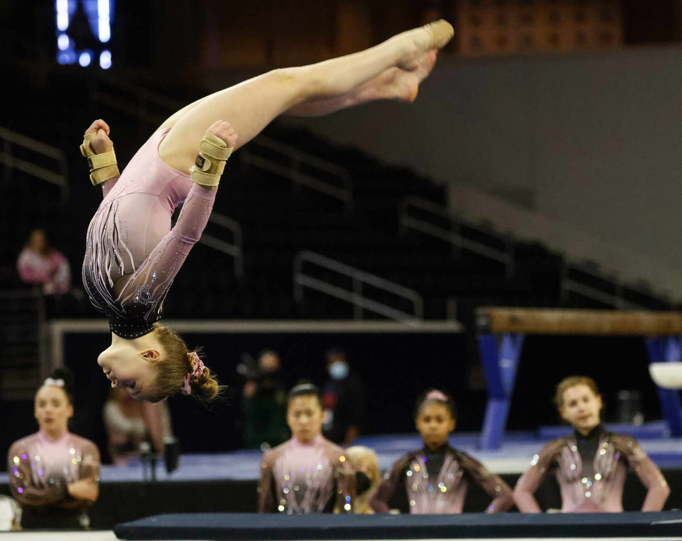 Presley Duke of Dynamo Gymnastics, Yukon, Oklahoma competes on floor during Nastia Liukin...
