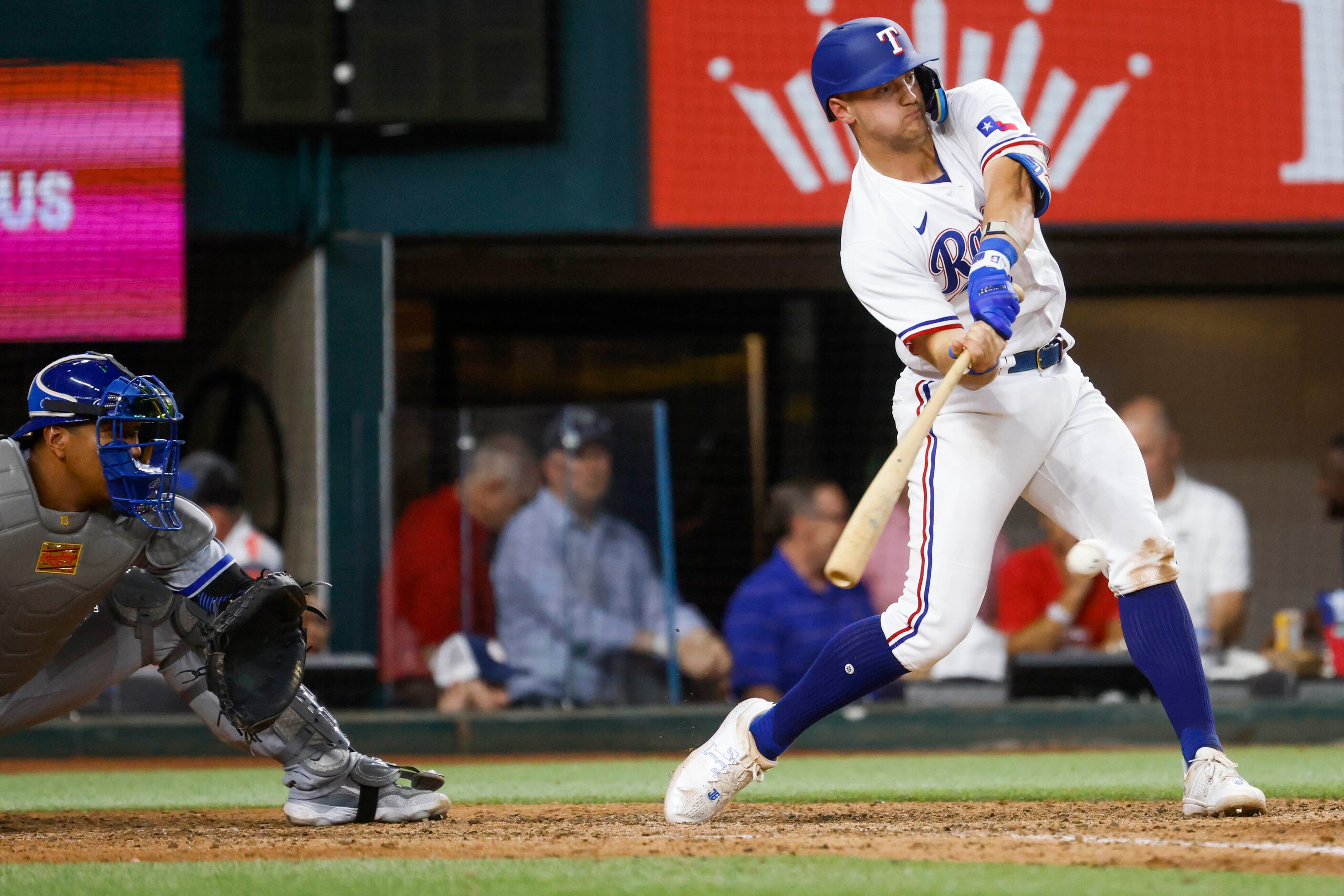 Texas Rangers third baseman Josh Jung strikes out swinging during the seventh inning of a...