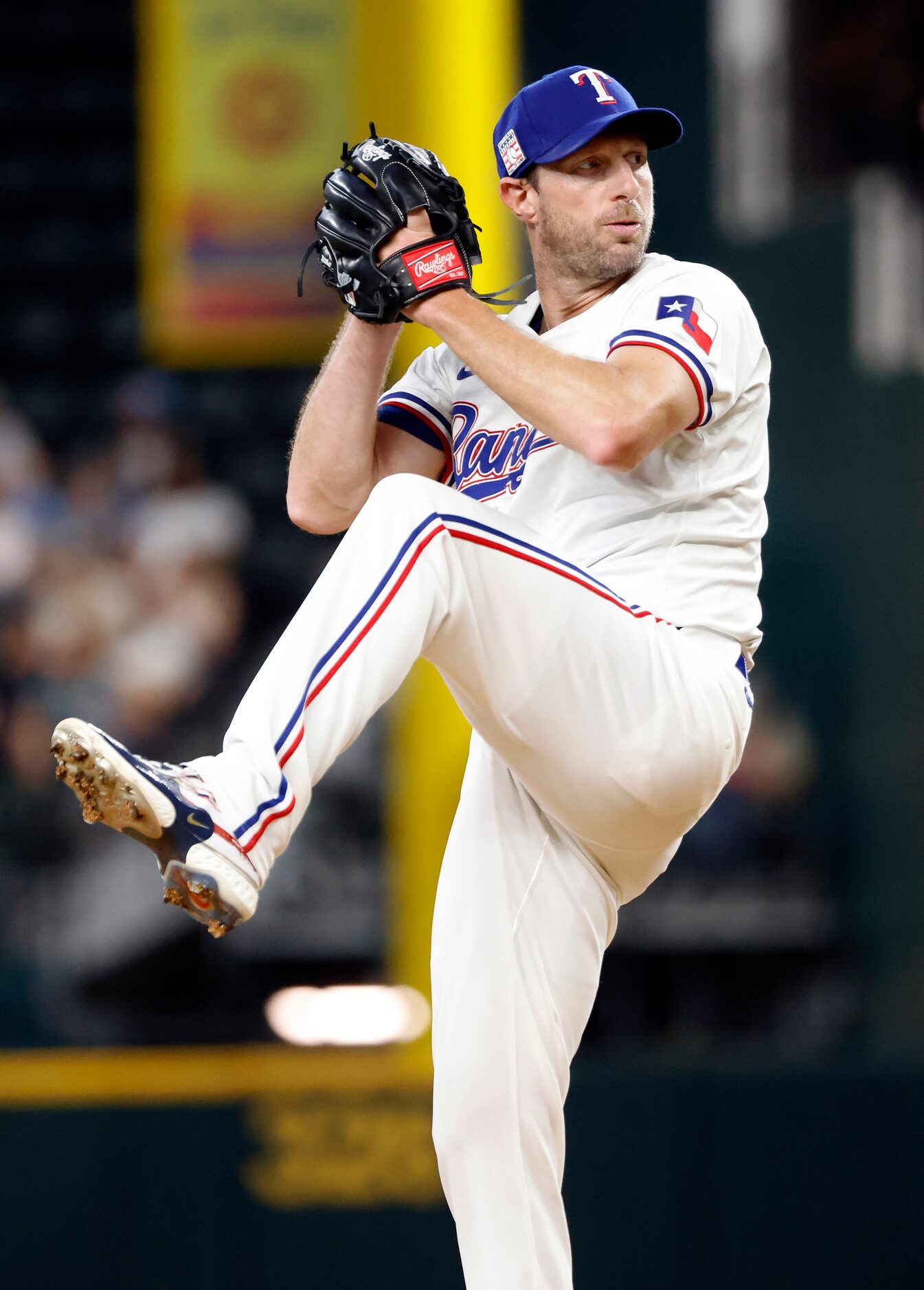 Texas Rangers starting pitcher Max Scherzer throws in the first inning inning against the...