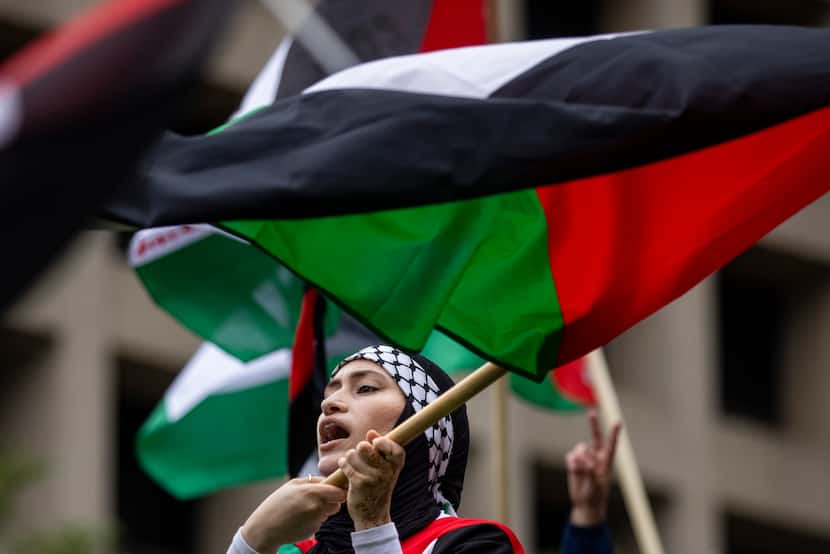 Najah Hamdan brought a Palestinian flag for the rally.