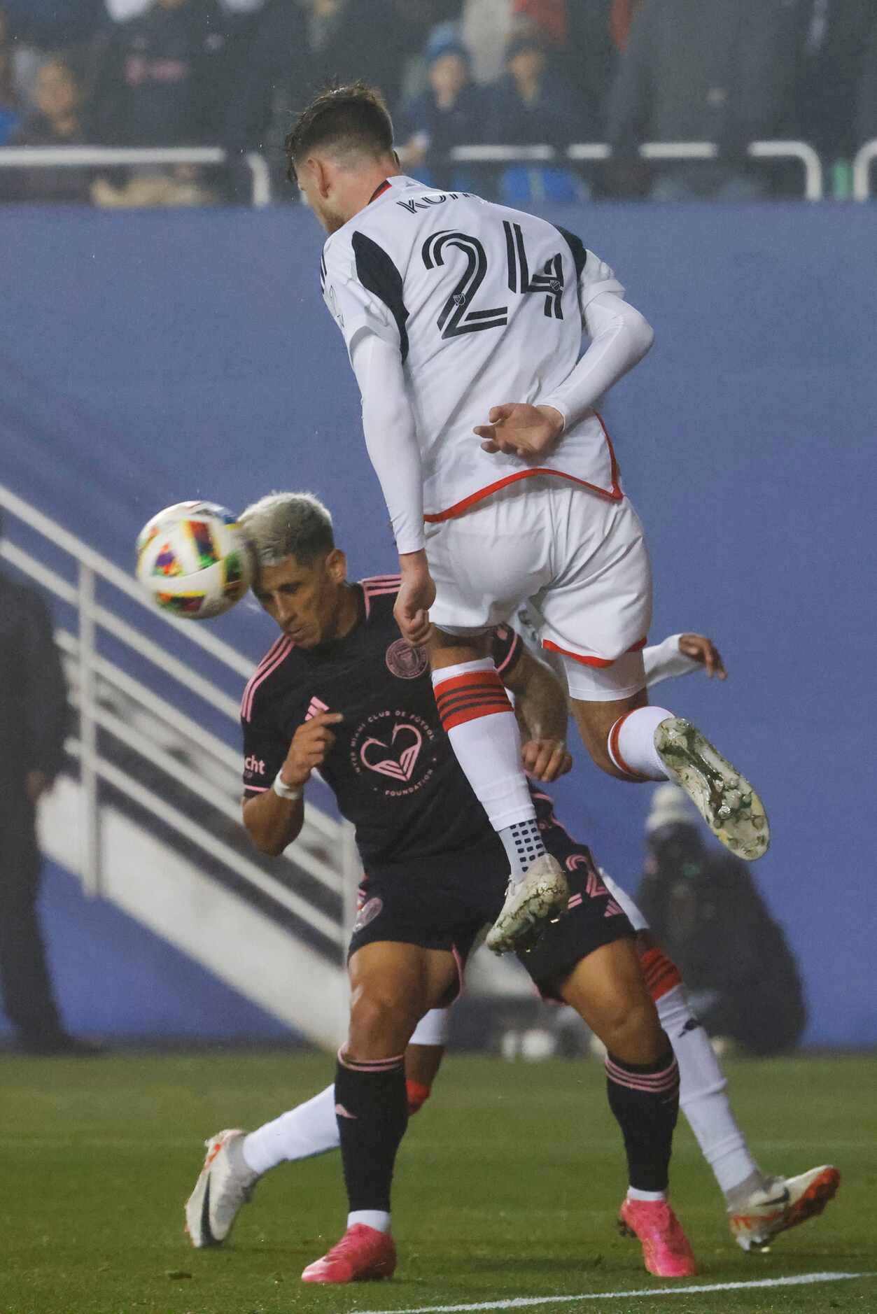 Inter Miami forward Nicolás Stefanelli (left) heads the ball against FC Dallas defender Amet...
