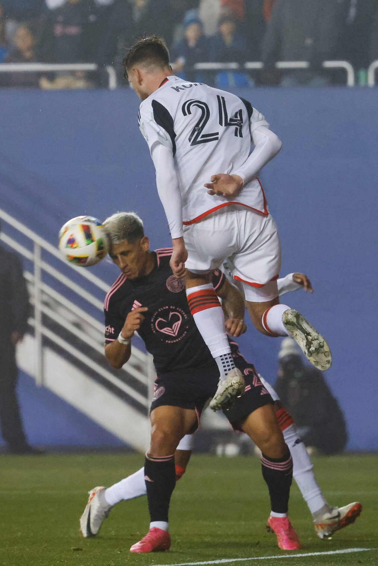 Inter Miami forward Nicolás Stefanelli (left) heads the ball against FC Dallas defender Amet...