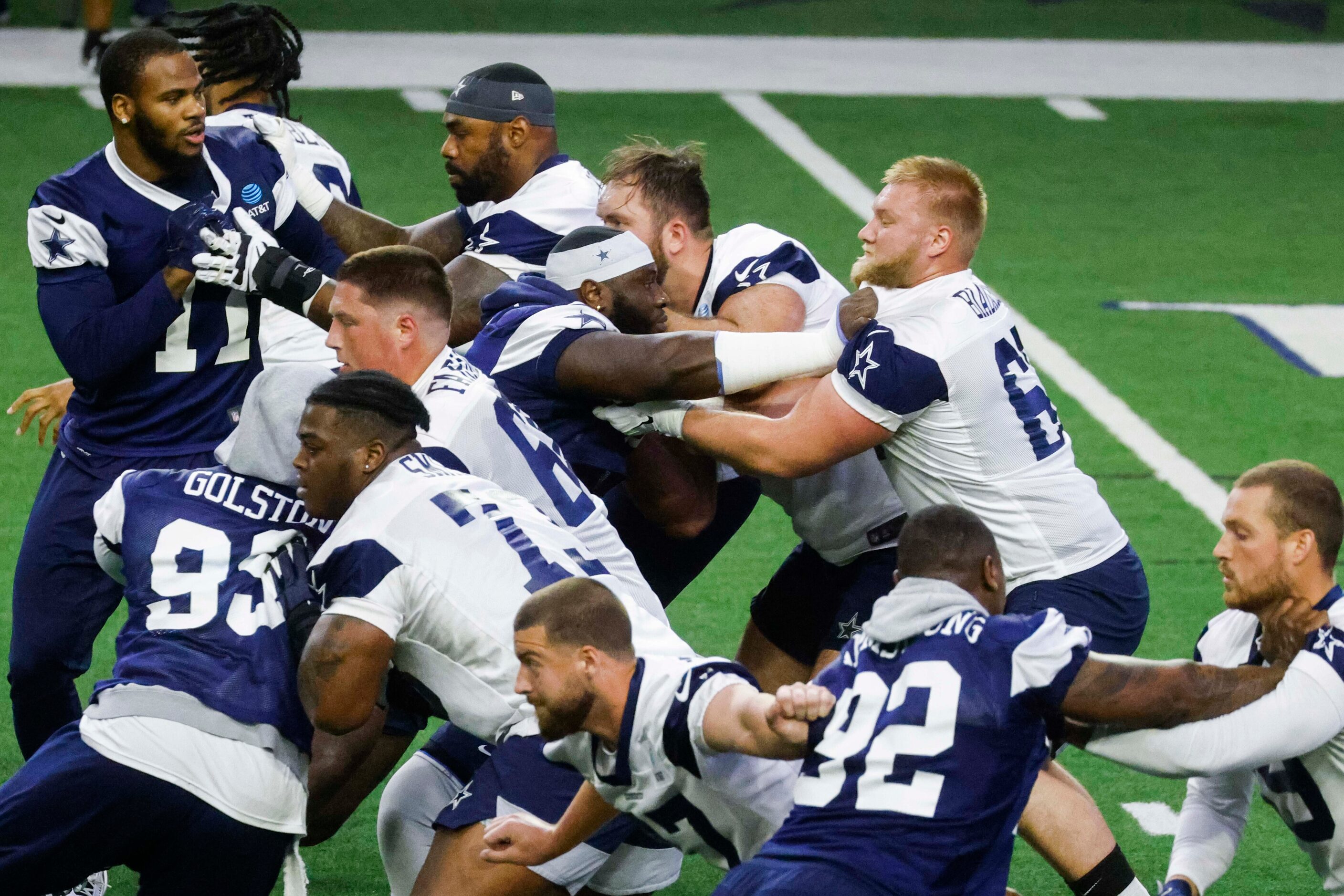 Dallas Cowboys players take part during OTA practice on Thursday, May 25, 2023 at the Star...