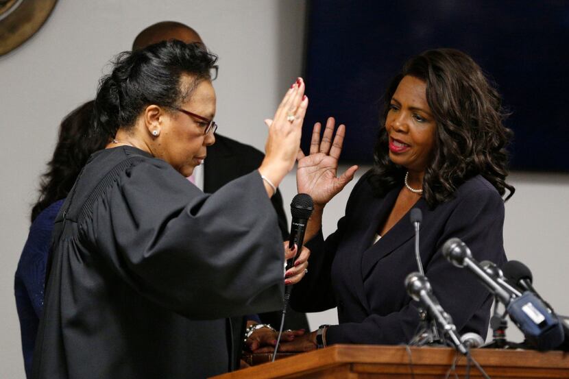 Chief Justice of the fifth court of appeals Carolyn Wright swears in Faith Johnson as Dallas...