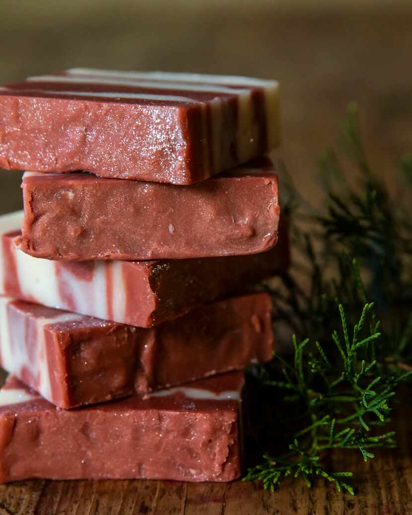 Candy Cane with Peppermint, Eucalyptus, and Grapefruit soaps from Sudlty Soaps.