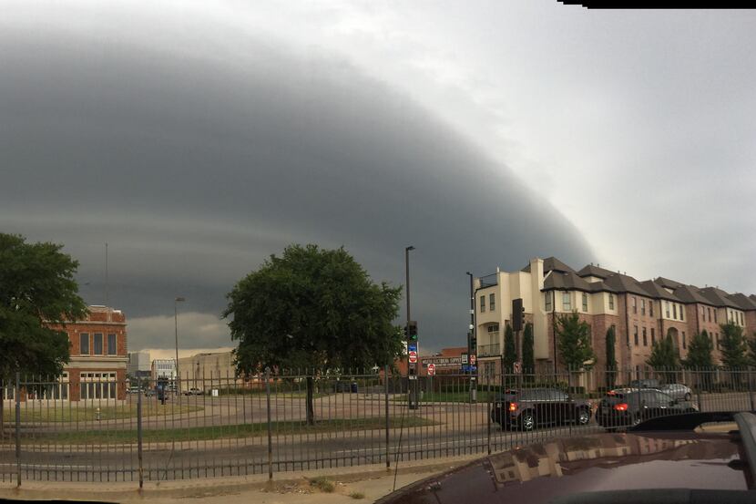 Shelf clouds loom over downtown Dallas before rain hit on Monday morning.