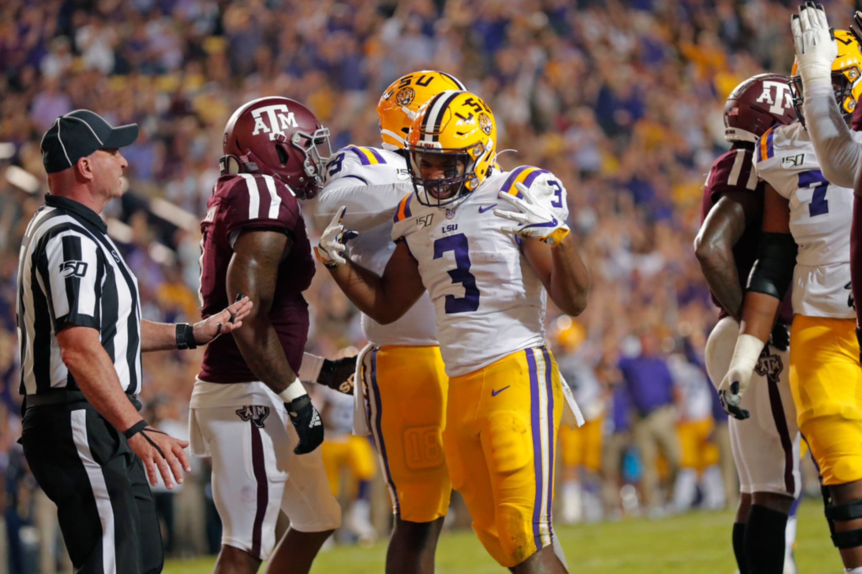 LSU running back Tyrion Davis-Price (3) celebrates his touchdown carry against Texas A&M in...